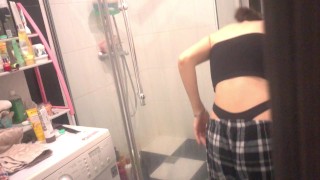 Cute in the bathroom - slobbering blowjob, cum on tits